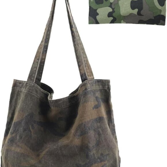 Women Shoulder Bag Cotton Canvas Large Tote with Pouch Boho Camo Style - Picture 1 of 4